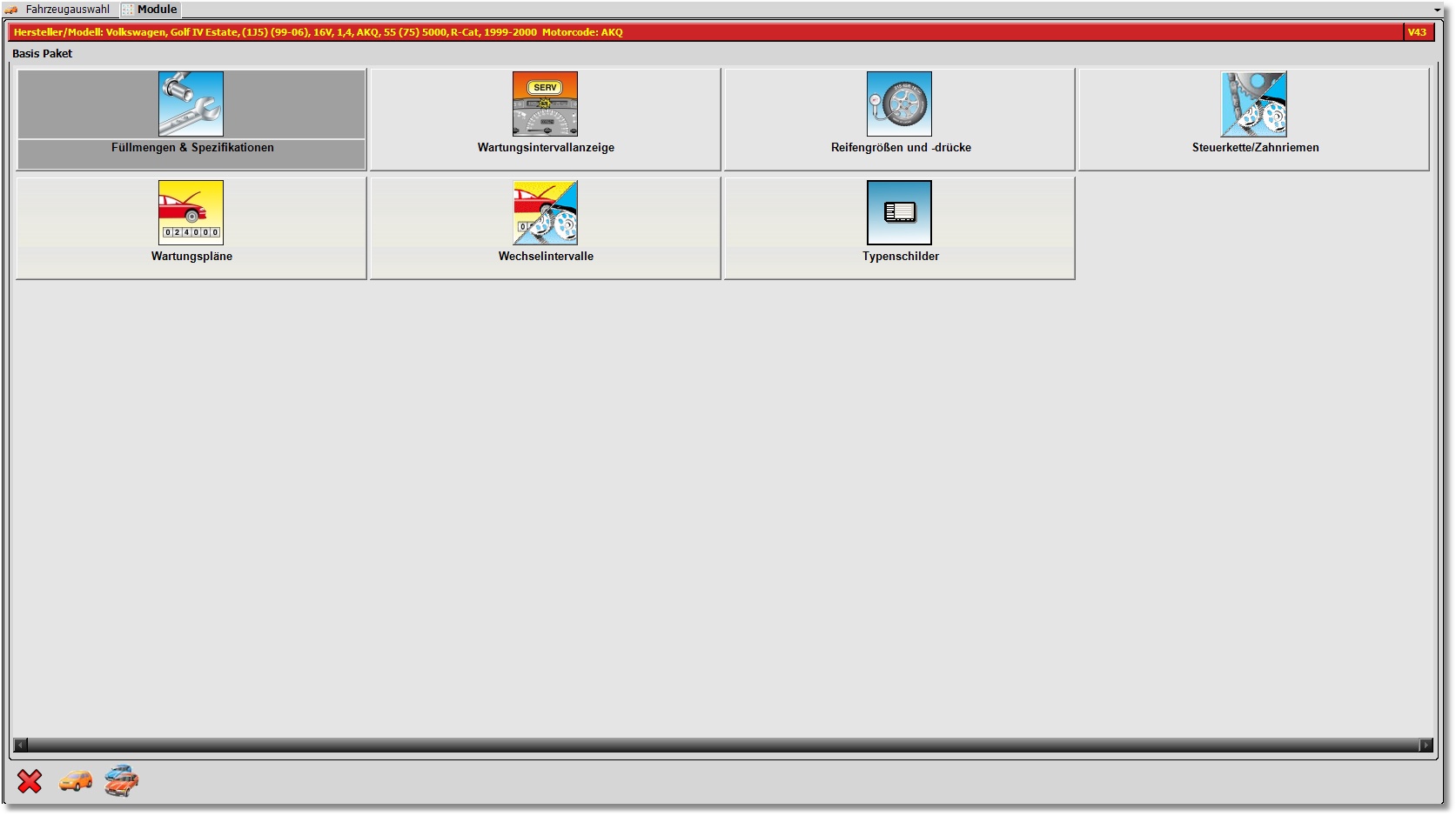 Anzeige Autodata Modulübersicht Servicedaten