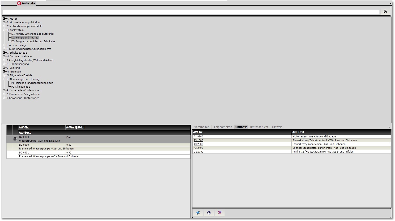 Autodata Suchbaum Arbeitswerte